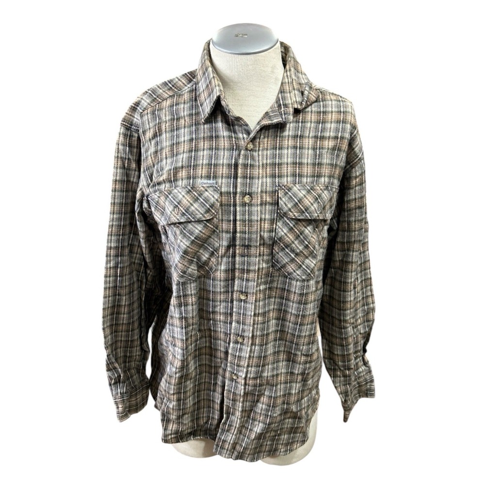 Carhartt Mens Vintage Flannel Shirt Large Long Sleeve Plaid Brown Tan M0072